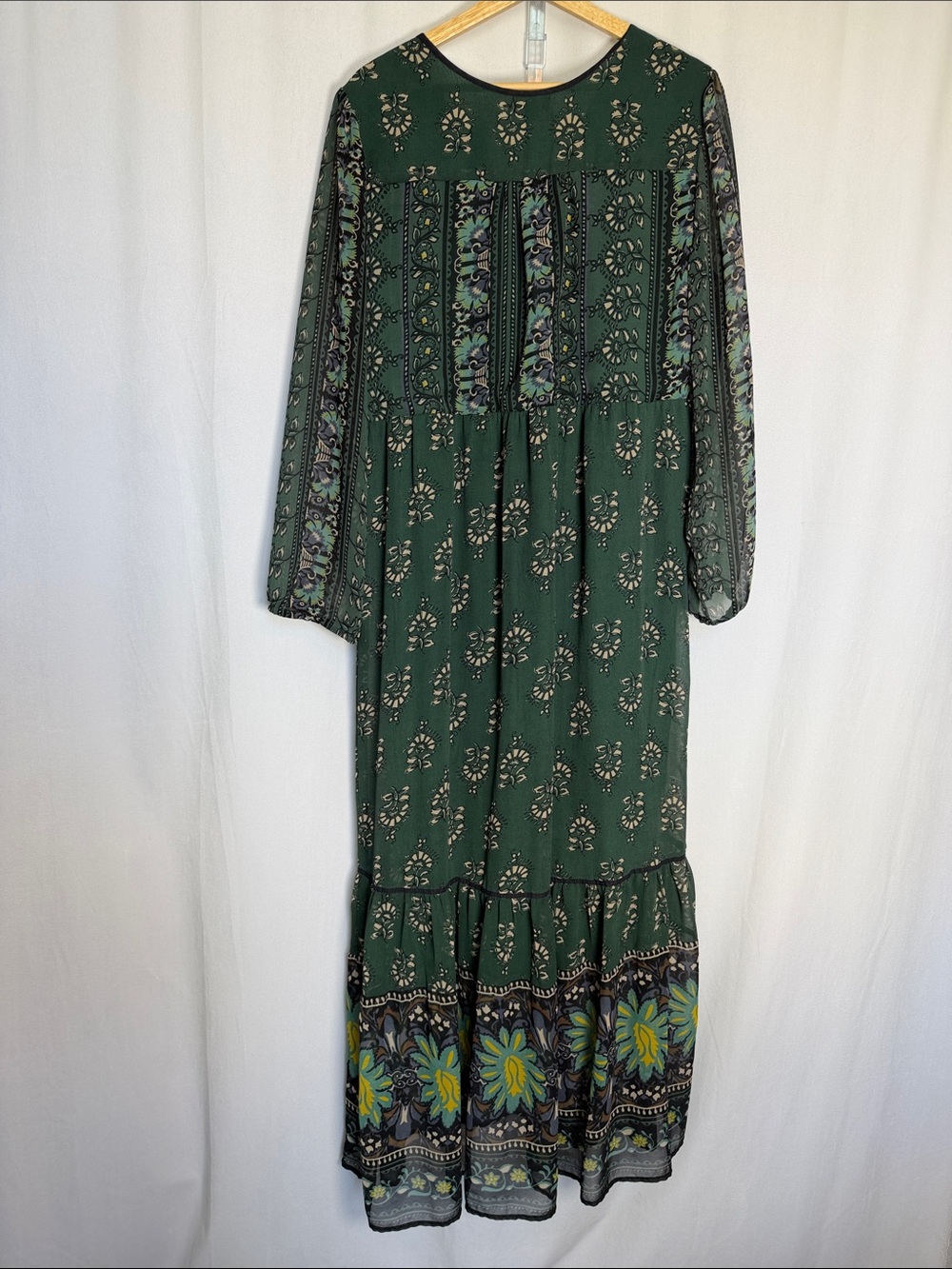 Cost Plus Boho Green Printed Tiered Maxi Dress Embellished Yoke Size L/XL Sheer - Picture 5 of 10